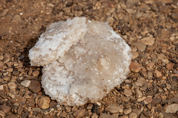 Big crysal of salt on stone beach of dead sea in Israel.