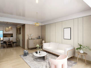 3D rendering, spacious living room design of modern residence, with sofa, tea table, decorative painting, etc