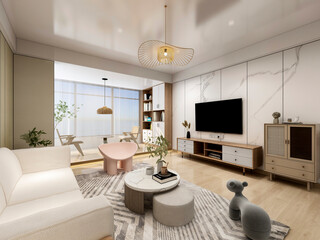 3D rendering, spacious living room design of modern residence, with sofa, tea table, decorative painting, etc