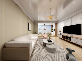 3D rendering, spacious living room design of modern residence, with sofa, tea table, decorative painting, etc