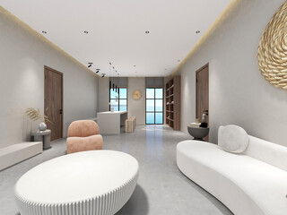 3D rendering, spacious living room design of modern residence, with sofa, tea table, decorative painting, etc