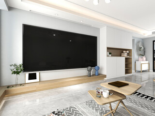 3D rendering, spacious living room design of modern residence, with sofa, tea table, decorative painting, etc