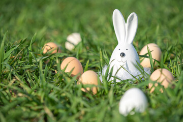 white ceramic rabbit on green grass in a field with eggs