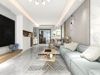 3D rendering, spacious living room design of modern residence, with sofa, tea table, decorative painting, etc