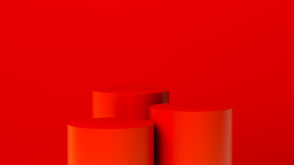 three red blank cylindrical stands on a red background, stand or podium for presentations. source or template. 3d rendering