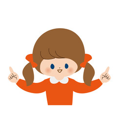 両手の人差し指で指し示している女児のバストアップ