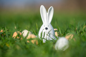 white ceramic rabbit on green grass in a field with eggs