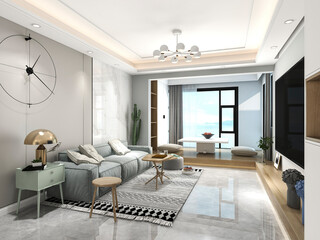 3D rendering, spacious living room design of modern residence, with sofa, tea table, decorative painting, etc