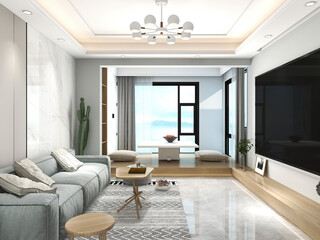 3D rendering, spacious living room design of modern residence, with sofa, tea table, decorative painting, etc