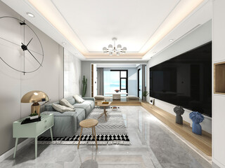 3D rendering, spacious living room design of modern residence, with sofa, tea table, decorative painting, etc