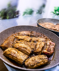 Fried Pork Ribs in big frying pan