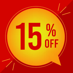 15 percent off. Discount for big sales. Yellow balloon on a red background.