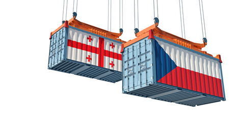 Cargo containers with Georgia and Czech Republic national flags. 3D Rendering