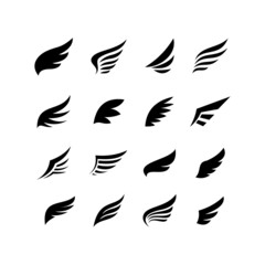 set of wing icon design, various flat wing symbol silhouette template vector