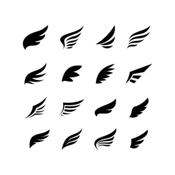 set of wing icon design, various flat wing symbol silhouette template vector