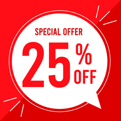 25 percent off. Discount for big sales. Yellow balloon on a red background.