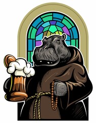 Cartoon style hippopotamus in the monk clothes, holding a beer mug, with the stained glass window on background.
