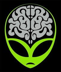 Green alien face with the brain, alien logo design concept.