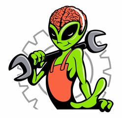 Cartoon style alien character in overalls, holding a wrench in his hand.