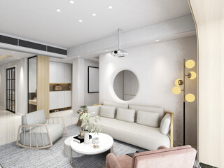 3D rendering, spacious living room design of modern residence, with sofa, tea table, decorative painting, etc