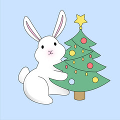 Cute Christmas Bunny. Rabbit, symbol of 2023. White Christmas rabbit with christmas tree.