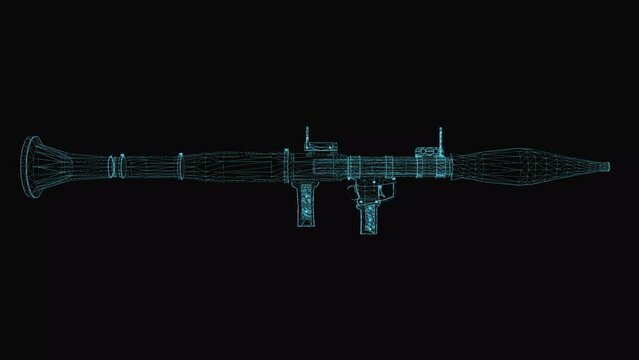 Anti Tank rocket rpg 7 wireframe scheme. 3d render with blue grid lines. Loop rotation on black background.