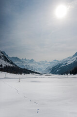 Fototapeta premium Val Roseg, Piz Roseg, Ova da Roseg, Rosegbach, Piz Sella, Piz Glüschaint, Sellagletscher, Winterwanderweg, Langlaufloipe, Berninagruppe, Oberengadin, Alpen, Winter, Wintersport, Graubünden, Schweiz 