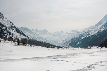 Fototapeta premium Val Roseg, Piz Roseg, Ova da Roseg, Rosegbach, Piz Sella, Piz Glüschaint, Sellagletscher, Winterwanderweg, Langlaufloipe, Berninagruppe, Oberengadin, Alpen, Winter, Wintersport, Graubünden, Schweiz 