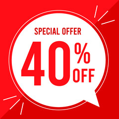 40 percent off. Discount for big sales. Yellow balloon on a red background.