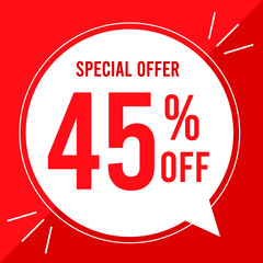 45 percent off. Discount for big sales. Yellow balloon on a red background.