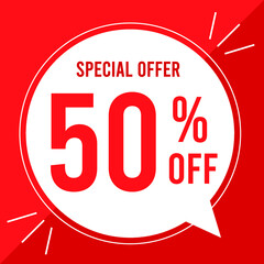 50 percent off. Discount for big sales. Yellow balloon on a red background.