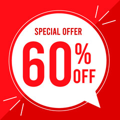 60 percent off. Discount for big sales. Yellow balloon on a red background.