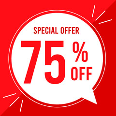 75 percent off. Discount for big sales. Yellow balloon on a red background.
