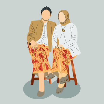 Java Indonesia Wedding Couple, Indonesian Javanese traditional white clothes costume bride and groom cartoon vector illustration