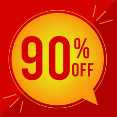 90 percent off. Discount for big sales. Yellow balloon on a red background.