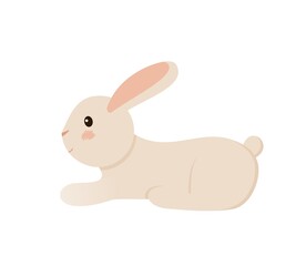 Beige cute easter bunny, lying sideways. Vector illustration in cartoon style.
