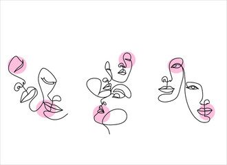 Continuous line, drawing of set faces and hairstyle, fashion concept, woman beauty minimalist, vector illustration for t-shirt, slogan design print graphics style