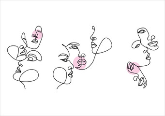 Continuous line, drawing of set faces and hairstyle, fashion concept, woman beauty minimalist, vector illustration for t-shirt, slogan design print graphics style