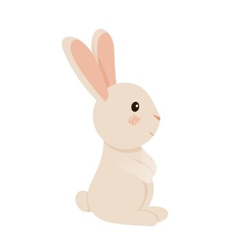 Beige cute easter bunny, sitting sideways. Vector illustration in cartoon style