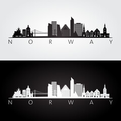 Fototapeta premium Norway skyline and landmarks silhouette, black and white design, vector illustration.