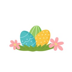 Three Easter eggs on the floor with flowers.Vector illustration in cartoon style.