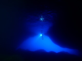 cave diving underwater exploring caves and having fun ocean scenery sun beams and rays background scuba divers to see