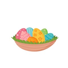 Easter basket with colorful eggs. Vector illustration in cartoon style.