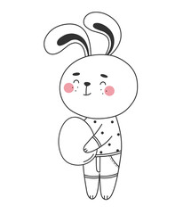 Funny and cute bunny with Easter egg in doodle style. Vector illustration isolated on white background.