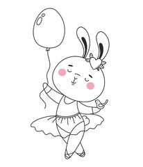 Vector line drawing of a cute bunny ballerina with a bird and a balloon egg. Cute happy Easter illustration, coloring page.