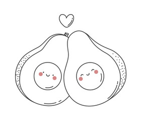 Vector line drawing cute avocado couple. Cute fruit illustration, coloring page.