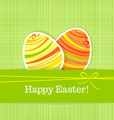 Easter eggs on green seamless linen background