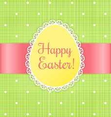 Naklejka premium Retro Easter card. Label with lace on green textile background with polka dots.