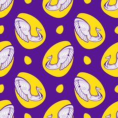 Seamless pattern of Easter eggs with birds, yellow on purple. Holiday vector illustration. Design for postcard, poster, card, placard, stamp, textile and other.