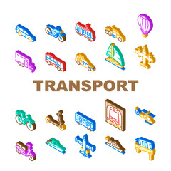 Transport Vehicle And Flying Icons Set Vector. Balloon And Aircraft Fly Transport, Car And Taxi, Bus And Underground, Helicopter And Tramway, Boat And Cruise Liner Isometric Sign Color Illustrations